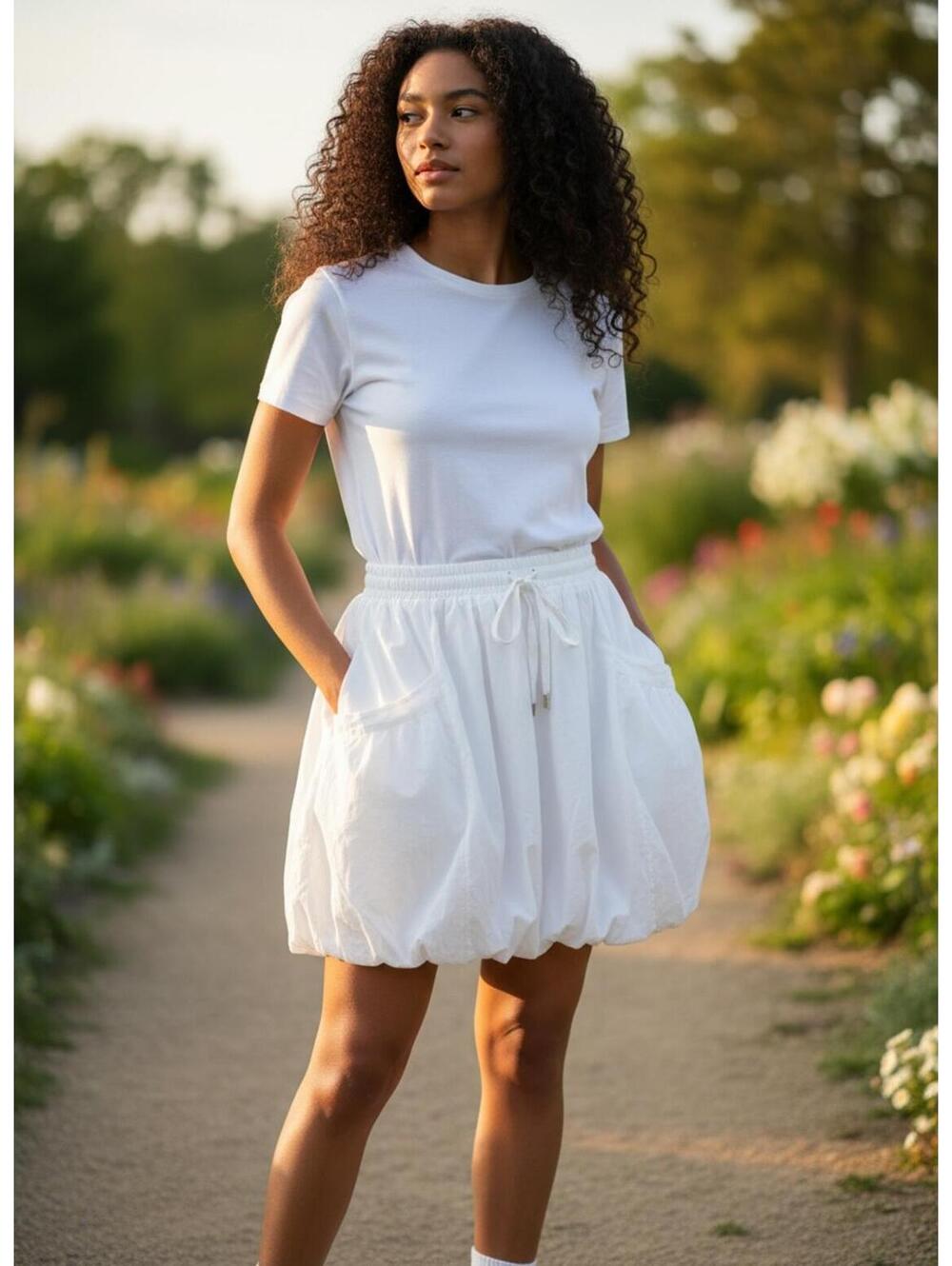 White Bubble Skirt with Drawstring Waist and Pockets 100% COTTON